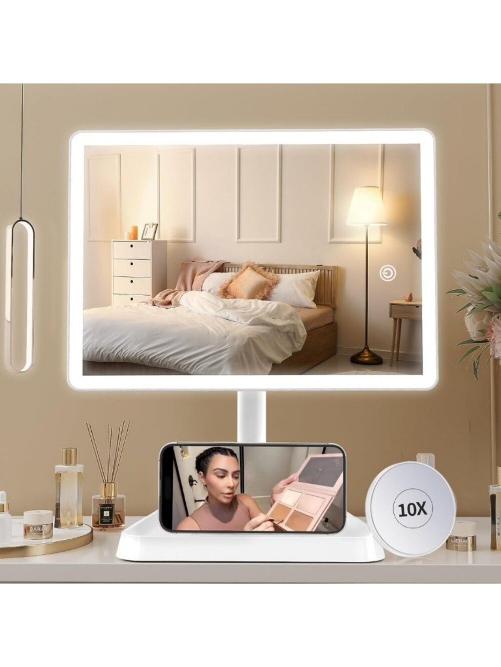 Large LED Makeup Vanity Mirror with 4500mAh Battery & Touch Control - White